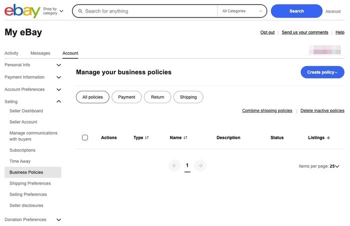 eBayのビジネス規約管理画面