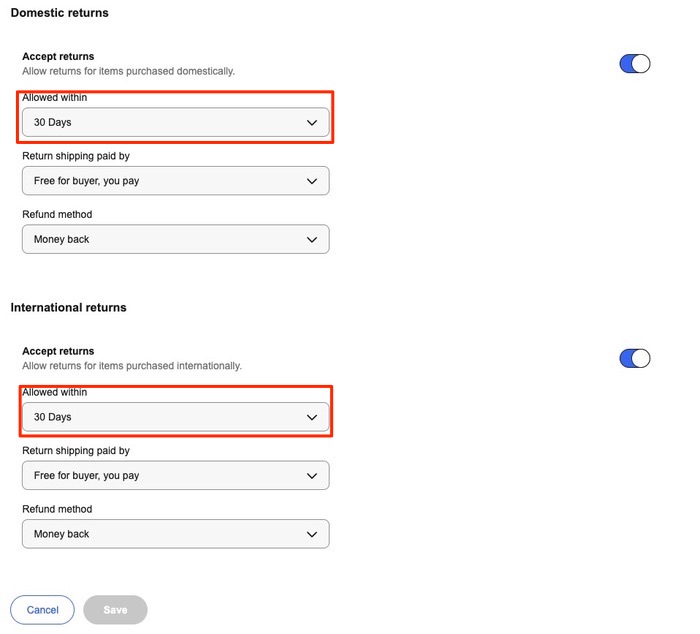 返品設定画面の国内返品と海外返品