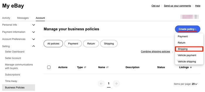 eBayビジネスで配送方法を作成する画面