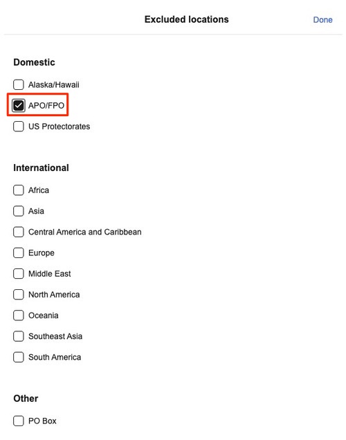 除外する場所の設定画面でAPOとFPOが選択された状態