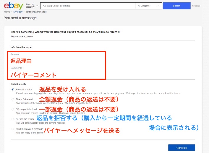 eBay返品リクエスト画面