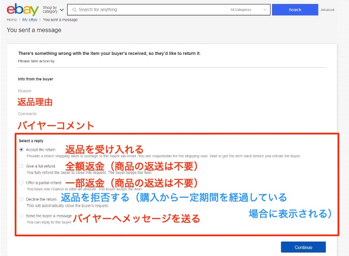 商品の返品リクエストに対する対応画面