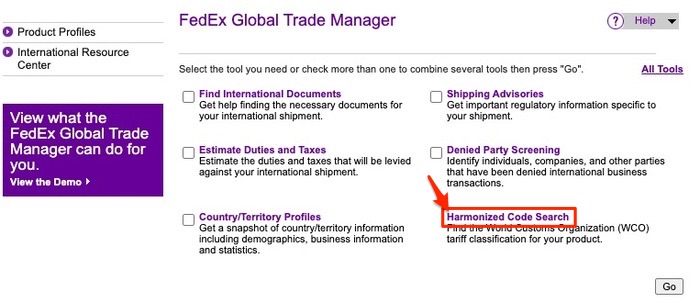 FedEx Harmonized Code Searchツール画面