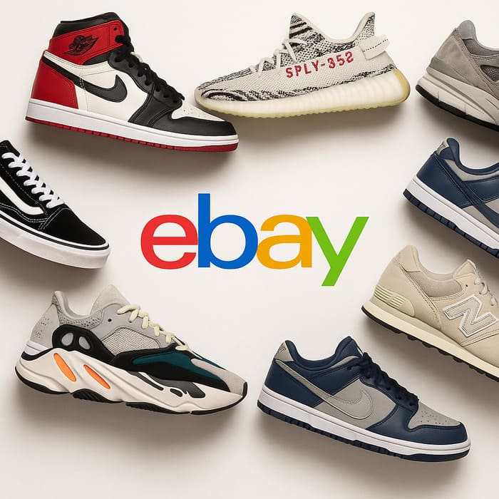 色々なスニーカーとイーベイのロゴ