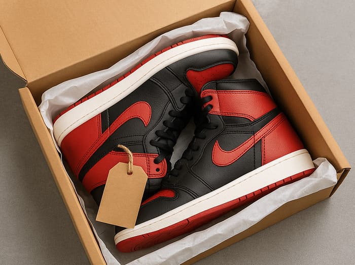 箱に入った赤と黒のスニーカー