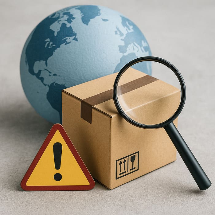 地球儀と段ボール箱と虫眼鏡と警告マーク